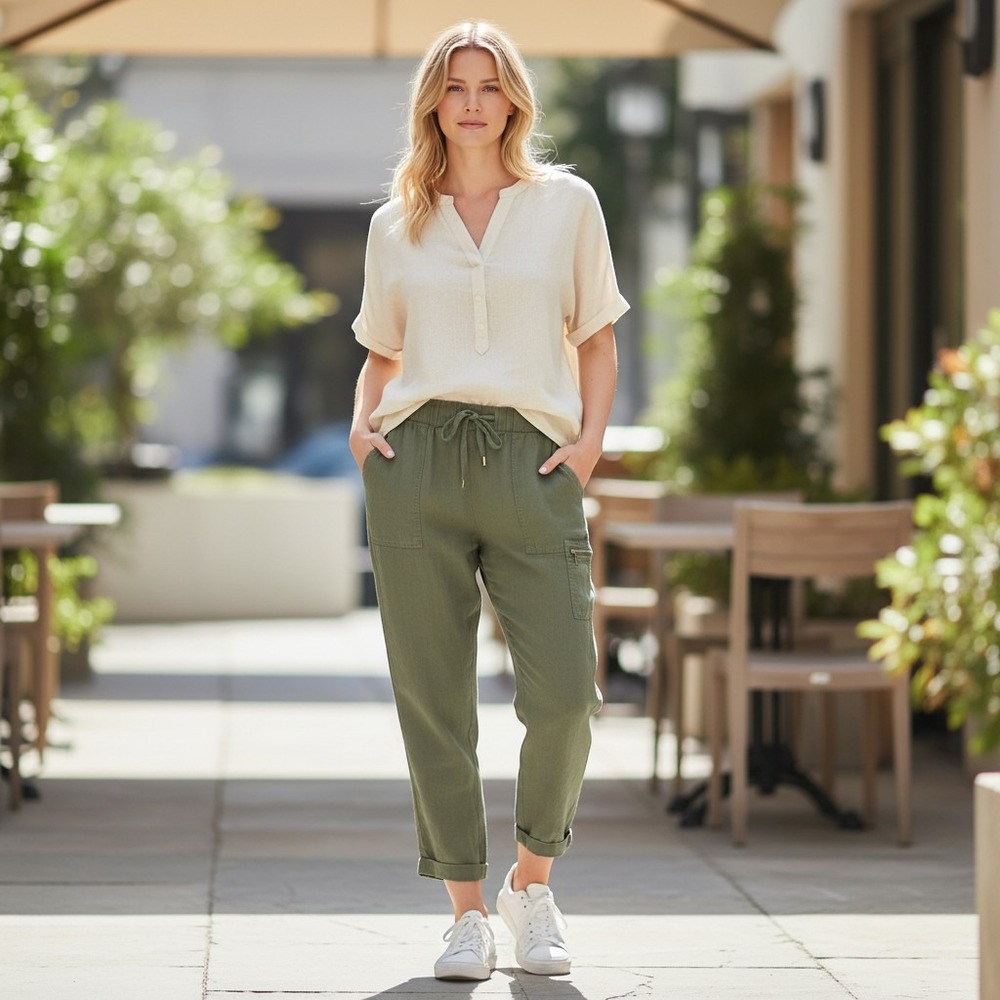 Ellen Tracy Cargo Pants Womens Medium Olive Green Linen Blend ERMS9RP033 Utility